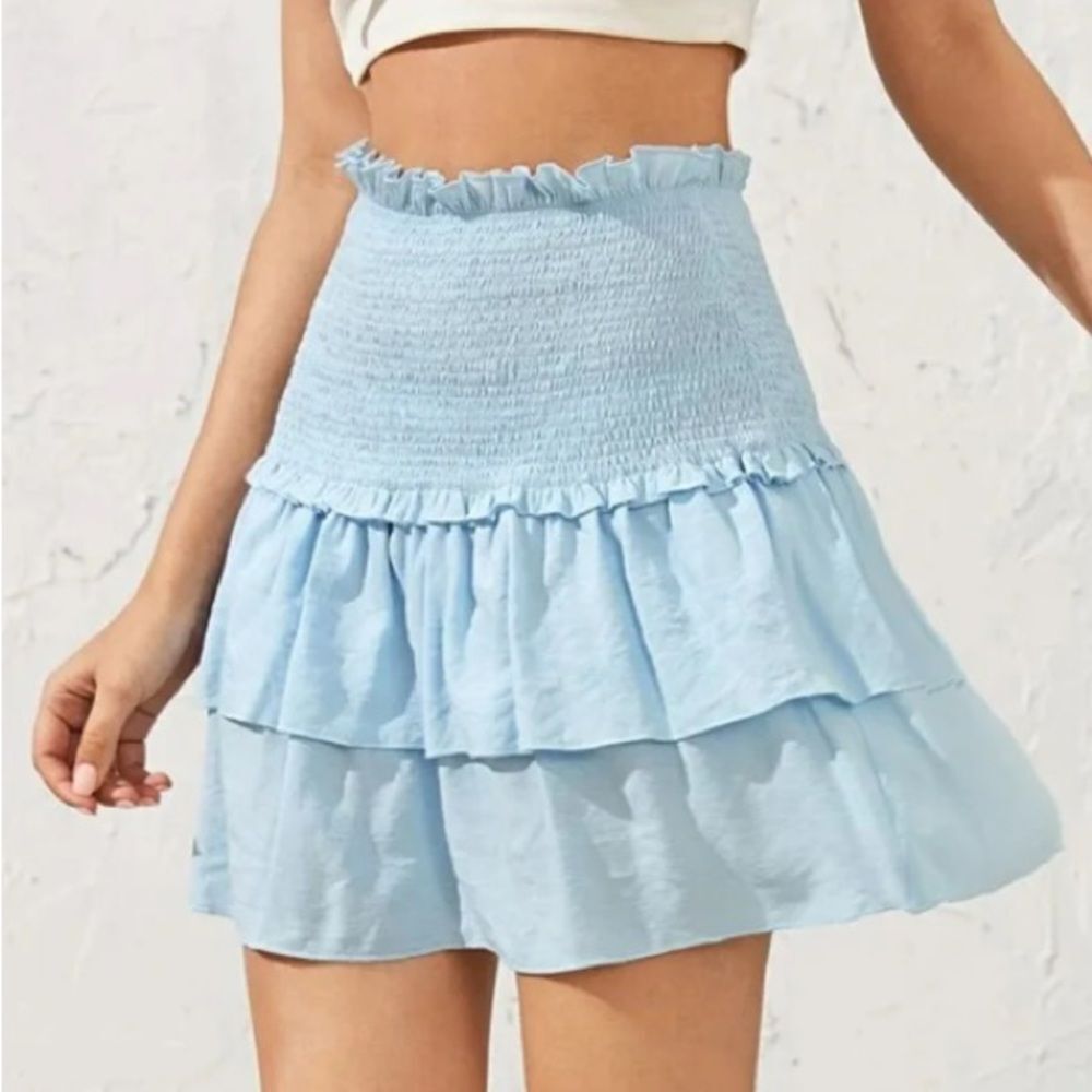 Shein Ultra Soft High Waisted Stretchy Flowy Light Blue Shirred Tiered Skirt